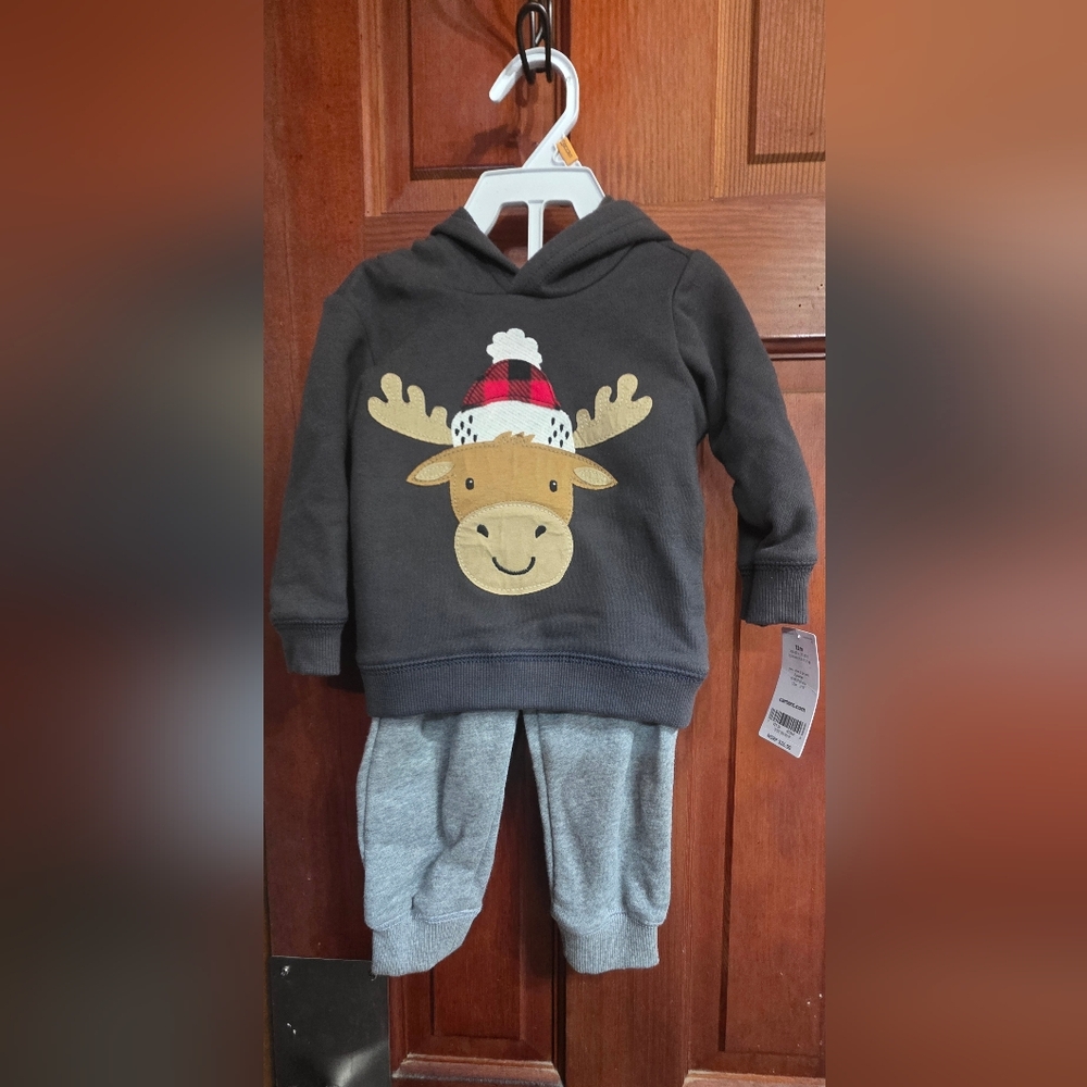 Carter's Gray and Black Reindeer Hoodie Set